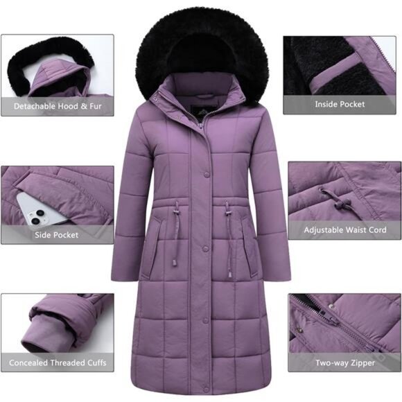 Women's Winter Coat Long Waterproof Parka - Warm Light Purple - Picture 4 of 7